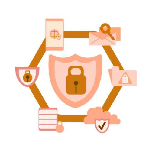 Padlock and shield surrounded by security icons